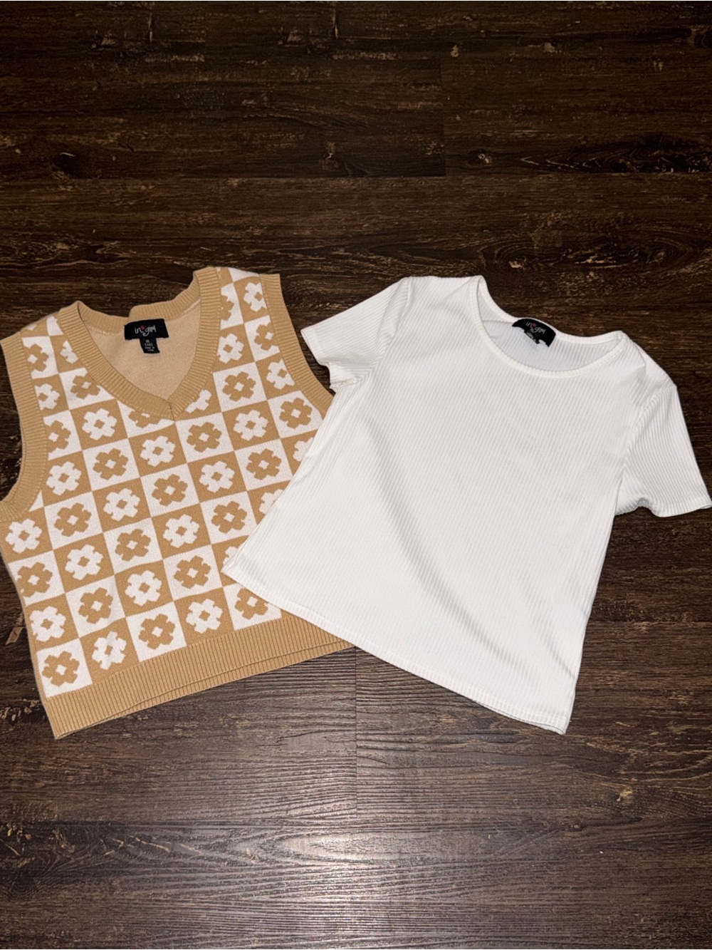 Kids Beige Floral Check Knit Vest & White Ribbed Tee Set